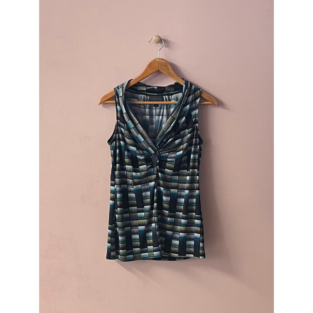 Worthington Black Teal Yellow White Shadowy Grid Print  V-Neck Blouse Size S
